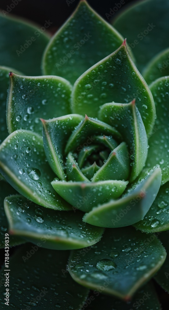 Obraz premium Macro shot highlighting glistening water droplets clinging to the waxy surface of a healthy, vibrant green rosette succulent plant leaves ,healthy ,freshness ,waxy