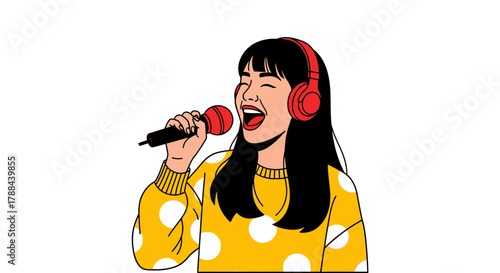 Illustration of woman singing with microphone and headphones art editable vector