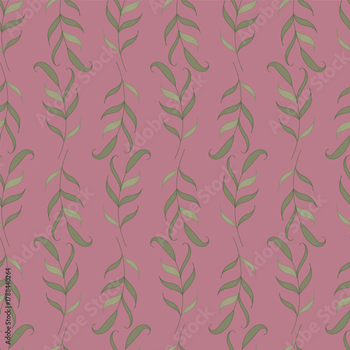 A Muted Mauve Background Featuring Vertical Vines of Sage Green Leaves from Hand Drawn Art Creating a Seamless Pattern Print