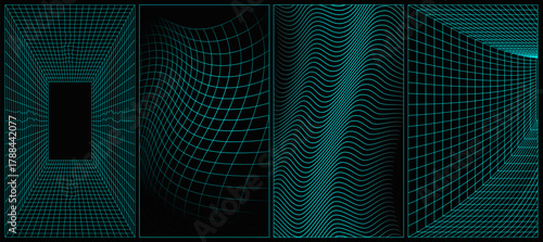Cyberpunk Grid Background Set. Retro Vector Wireframe 3D Neon Line Patterns. Abstract Y2K Game Digital Perspective in Futuristic Blue Color Future Cyber Space Room Light Frame Arcade Shapes Collection