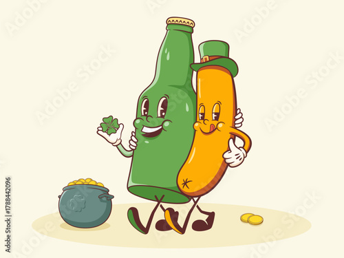 Saint Patrick Day Groovy Beer Tankard and Sausage Retro Characters. Cartoon Green Ale Mug with Treasure Money Coins. Vector Irish Spring Holiday Mascot Template. Happy Vintage Illustration. Isolated