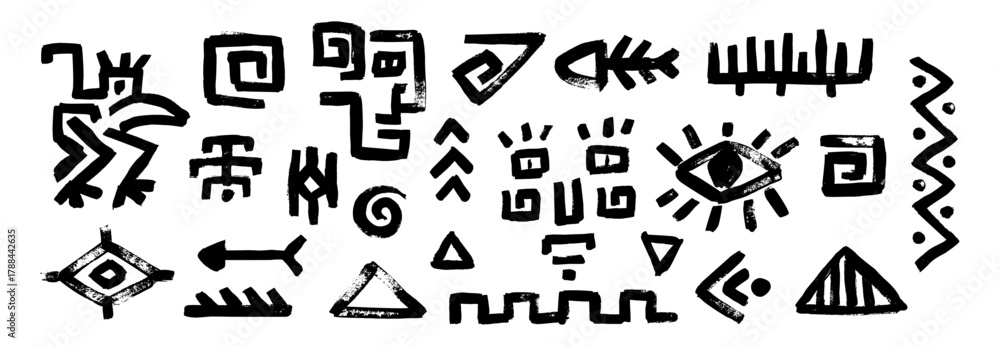 Fototapeta premium Mystical tribal symbol set merges african aztec maya ethnic idol logo icon vector influences in classic mexican style incorporating arrow, fishbone, eye, face, swirl elements on white background