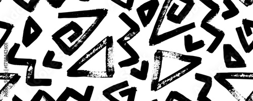 Dynamic seamless pattern with geometric brush triangle grange maze zig zag black abstract line vector motifs capturing punk aesthetic vibe