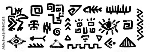 Mystical tribal symbol set merges african aztec maya ethnic idol logo icon vector influences in classic mexican style incorporating arrow, fishbone, eye, face, swirl elements on white background