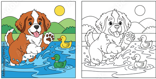 Cute Puppy Playing with Rubber Ducks in a Puddle - Fun Cartoon Coloring Page for Kids, Detailed Outline Illustration for Creative Activities