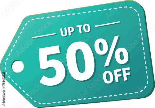 Bright teal tag announces up to 50% off sale, perfect for retail promotions