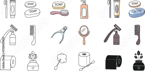 Collection of essential personal hygiene and grooming items for daily care.