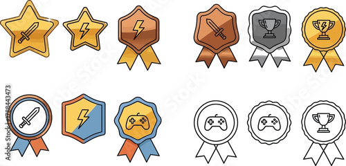 Collection of colorful award badges and icons for gaming achievements and recognition