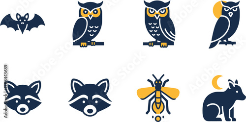 Charming collection of nocturnal animal icons including bats, owls, raccoons, and a bee.