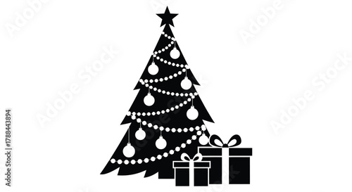 Christmas tree and gifts vector illustration black and white editable vector