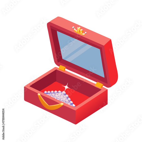 Red jewelry box with crown and pearls in flat vector style