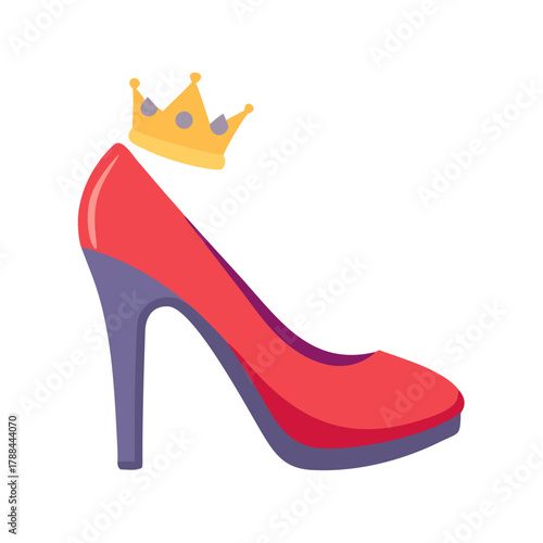 Red high heel with crown in flat vector style