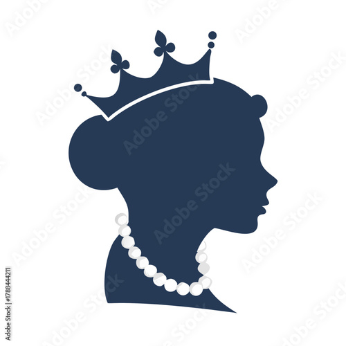 Silhouette of crowned woman with pearls in flat vector style