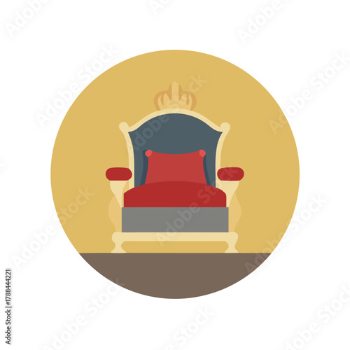 Royal throne with crown and cushion in flat vector illustration