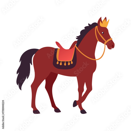 Brown horse with royal crown and saddle in flat vector style