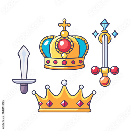 Royal crown, sword and scepter icons in flat vector