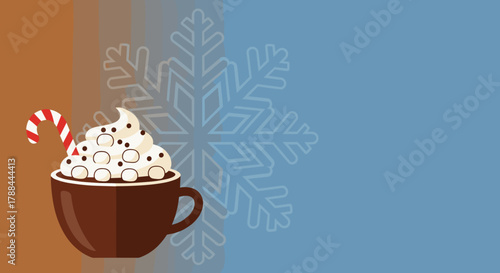Warm cup of hot chocolate with whipped cream and a candy cane on a colorful background with snowflake pattern