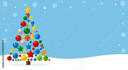 Festively decorated Christmas tree with colorful ornaments and snowflakes on a light blue background