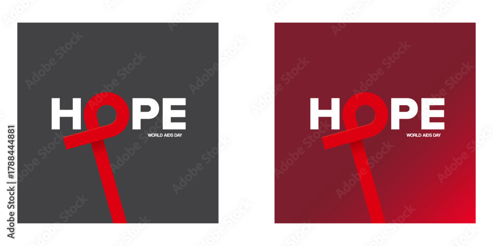 Obraz premium Hope lettering design with red ribbon square banner set. World AIDS DAY 1 december banner with red ribbon. World HIV awareness day starts in 1 December. Red ribbon with text background. World AIDS Day