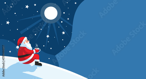 Reflective Santa Claus sitting on a snowy hill enjoying a warm drink under the starry night sky with copy space