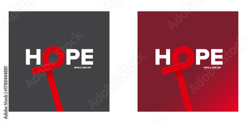 Hope lettering design with red ribbon square banner set. World AIDS DAY 1 december banner with red ribbon. World HIV awareness day starts in 1 December. Red ribbon with text background. World AIDS Day