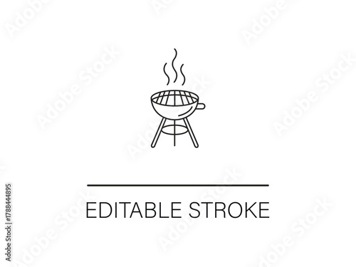 Stylish editable stroke barbecue grill icon for modern summer picnic designs, perfect for food blogs or cookout invitations.