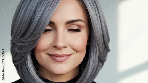 A striking rear view of a woman with beautiful hair dyed a vibrant smoky gray color.