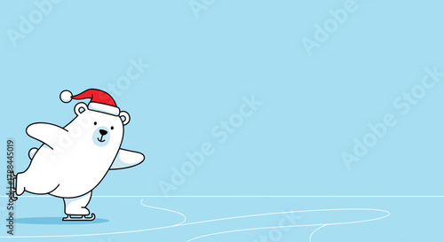 Playful polar bear ice skating with a Santa hat on a light blue background with copy space