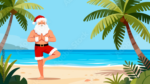 Relaxed Santa Claus practicing yoga in tree pose on a tropical beach with palm trees