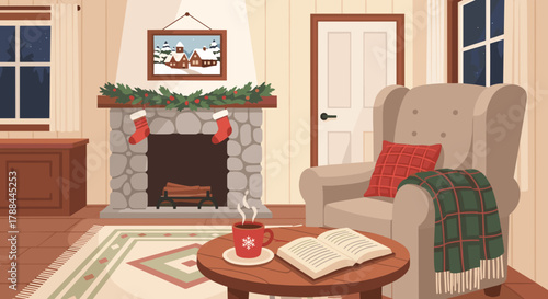 Cozy winter living room with a fireplace and holiday decorations in a warm color scheme