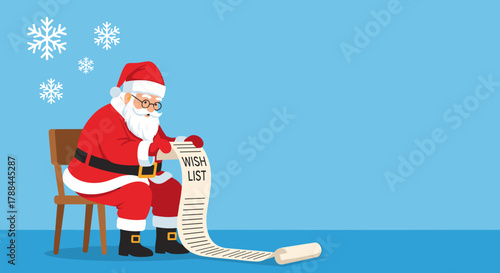 Thoughtful Santa Claus sitting on a chair reading a wish list with copy space on a blue background
