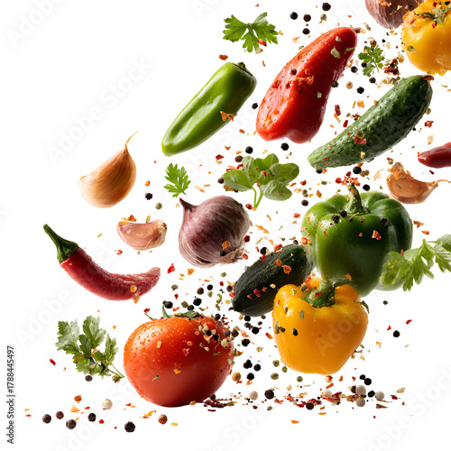 Fresh vegetables and spices exploding in a dynamic culinary explosion
