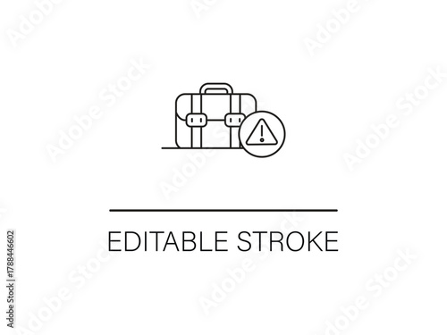 Handle with care travel alert icon for baggage issues and missing luggage, with a warning sign for insurance claims and delayed flights.