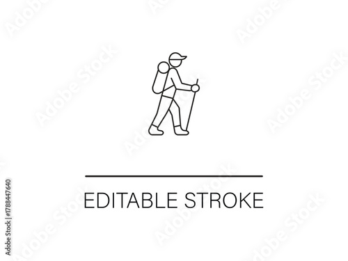 Simple line art of a hiker with a backpack and trekking poles ready for outdoor adventure travel and exploring nature trails safely.