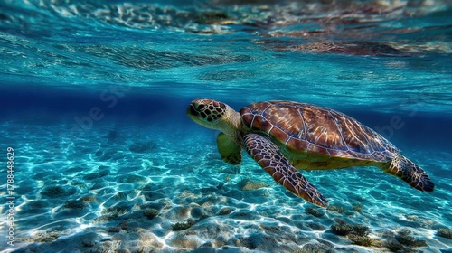 Fototapeta Naklejka Na Ścianę i Meble -  Exotic sea turtle gliding gracefully through clear blue waters near coral reef