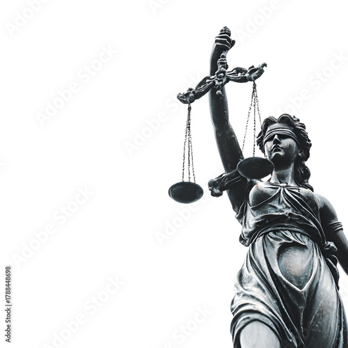 Statue of lady justice holding scales of justice against a white background