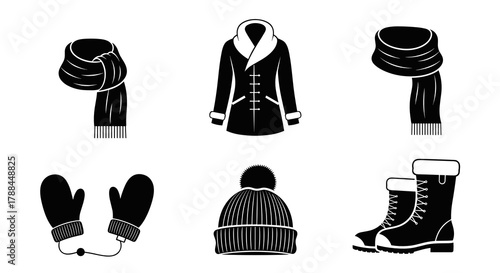 Winter clothing accessories including boots, mittens, scarf, and coat  