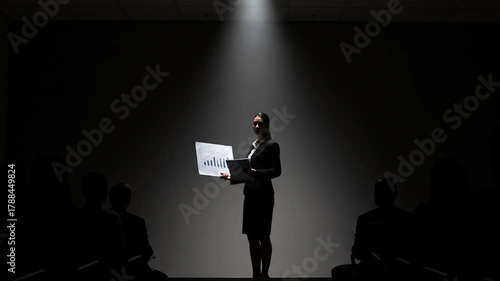 Wallpaper Mural Businesswoman delivering presentation to audience under spotlight on stage Torontodigital.ca