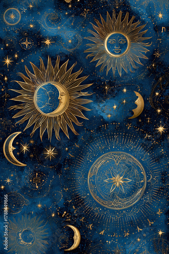 Celestial Dreams: Blue and Gold Sun & Moon Scrapbook Paper