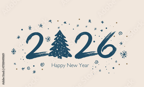 New Year 2026 card, postcard, hand drawn illustration.