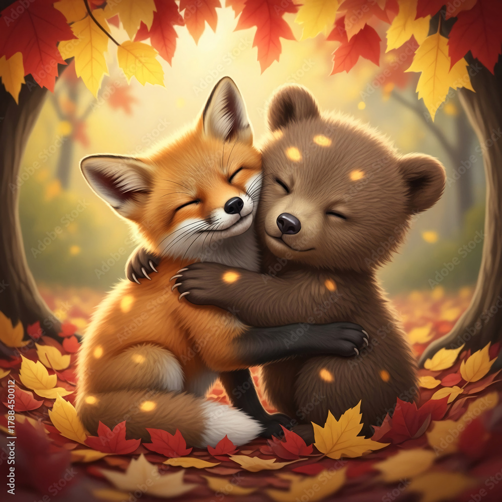 Naklejka premium Cartoon fox and bear embracing in an autumn scene with fallen maple leaves, showcasing friendship, affection, and seasonal warmth, perfect for gentle concepts