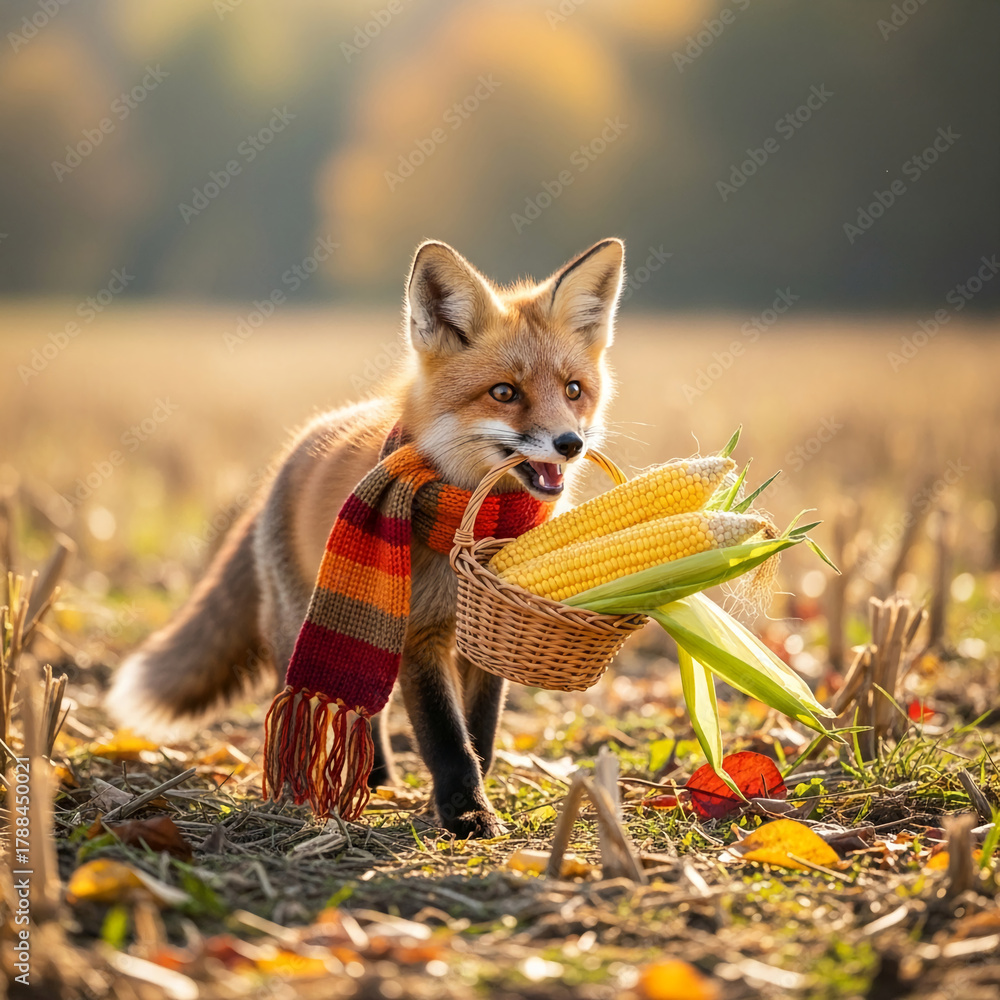 Fototapeta premium Fox with orange fur and striped scarf, holding a basket with corn in a field, representative of autumn harvest and animal themes
