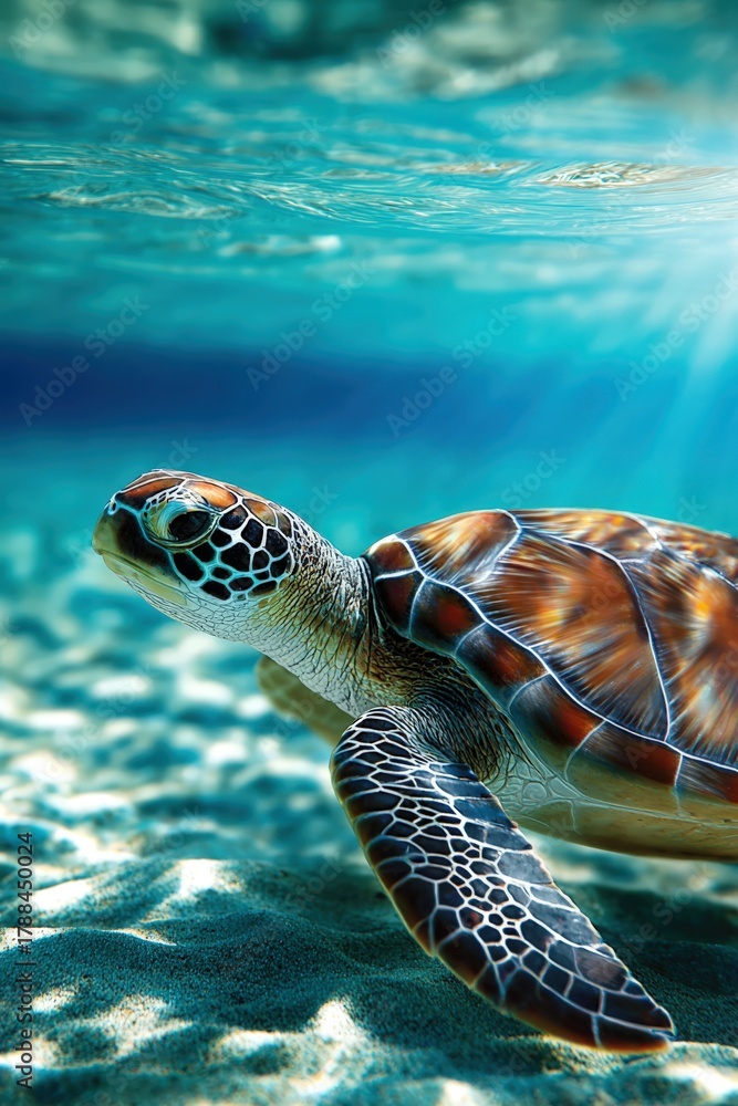 Fototapeta premium Elegant turtle gliding through clear blue ocean waters at midday
