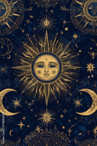 Celestial Dreams: Blue and Gold Sun & Moon Scrapbook Paper