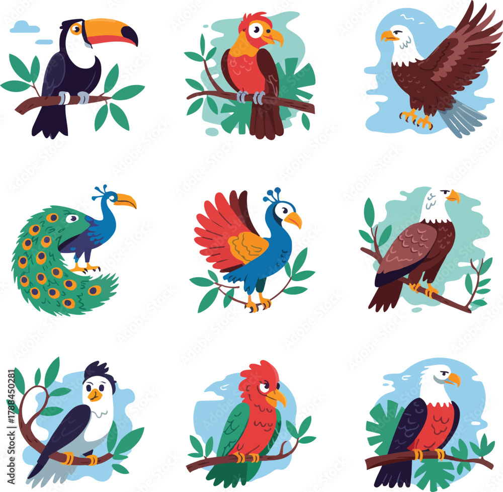 Obraz premium Collection of Exotic Colorful Birds Sitting on Tree Branch Wildlife Nature Vector Illustration