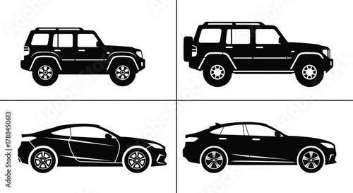 Black car silhouettes suv and sports cars vector illustration editable vector