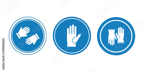 Set of three blue oval safety signs with white icons depicting different types of protective gloves for workplace safety