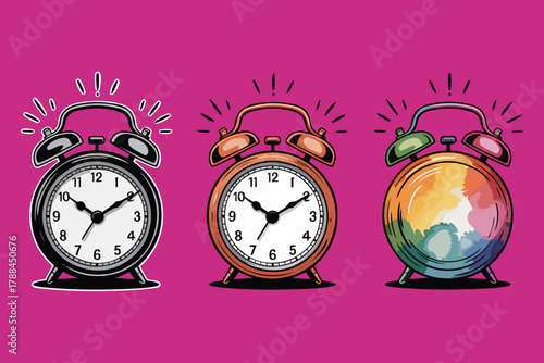 Set of alarm clocks with colorful design on bright pink background