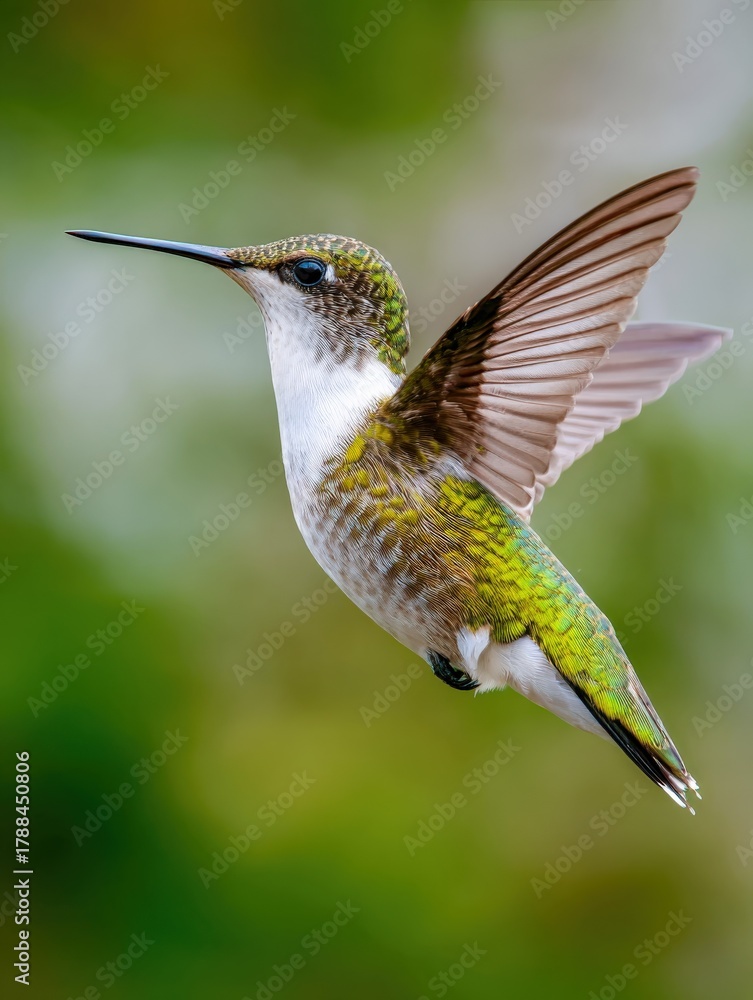 Naklejka premium Iridescent hummingbird hovering gracefully in vibrant green surroundings