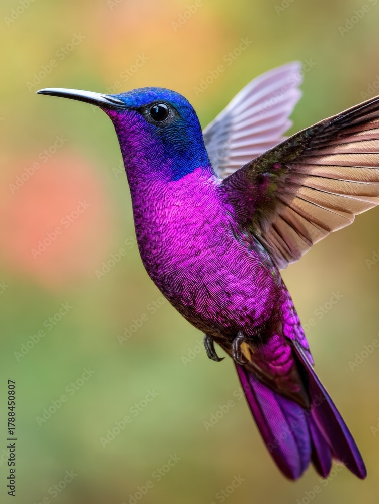 Naklejka premium Iridescent hummingbird in flight showcasing vibrant plumage in tropical habitat